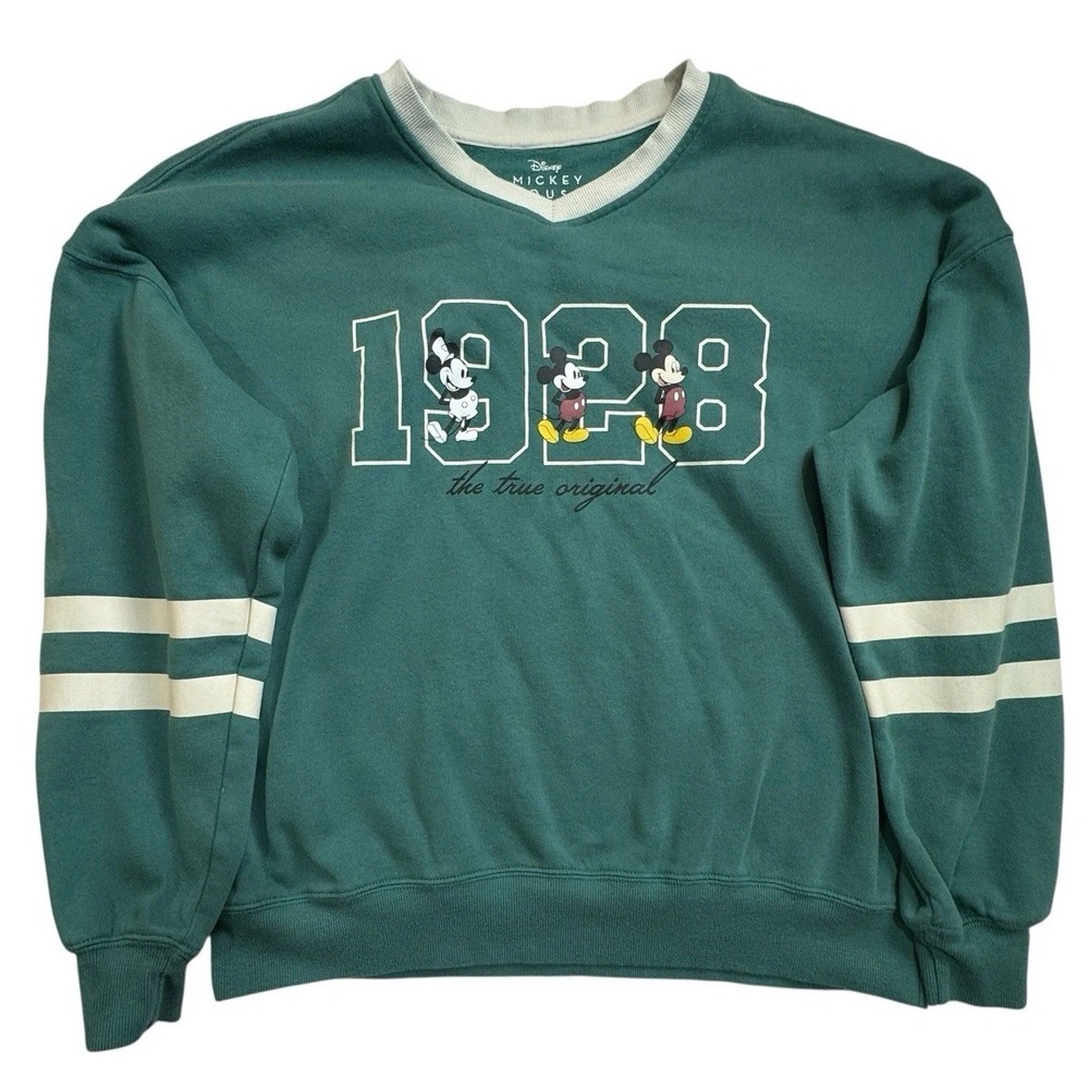 Retro Disney Mickey Mouse Green Womens XL Varsity Style Soft V-Neck Sweatshirt